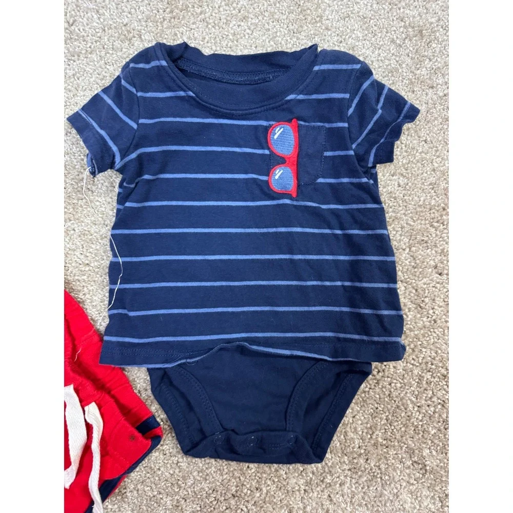 Just One You Carters Baby Boy 2pc Set Navy Blue Striped Bodysuit Red Shorts 3M